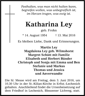Anzeige von Katharina Ley von Kölner Stadt-Anzeiger / Kölnische Rundschau / Express
