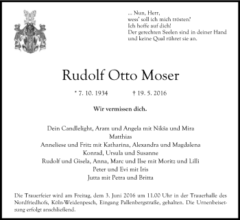 Anzeige von Rudolf Otto Moser von Kölner Stadt-Anzeiger / Kölnische Rundschau / Express