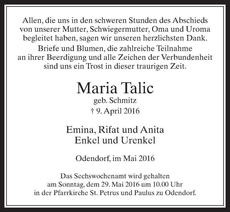  Traueranzeige für Maria Talic vom 18.05.2016 aus  Schaufenster/Blickpunkt 