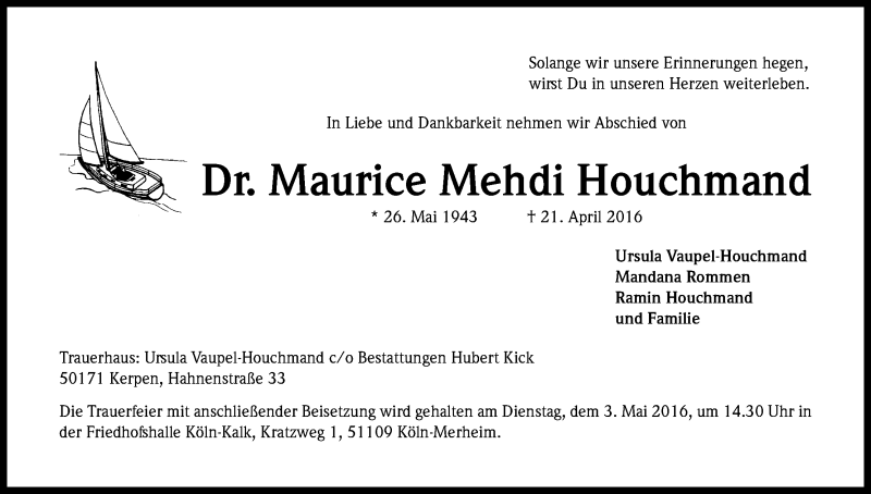  Traueranzeige für Maurice Mehdi Houchmand vom 30.04.2016 aus Kölner Stadt-Anzeiger / Kölnische Rundschau / Express