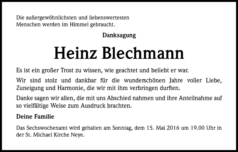  Traueranzeige für Heinz Blechmann vom 07.05.2016 aus Kölner Stadt-Anzeiger / Kölnische Rundschau / Express