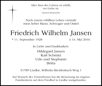 Anzeige von Friedrich Wilhelm Jansen von Kölner Stadt-Anzeiger / Kölnische Rundschau / Express