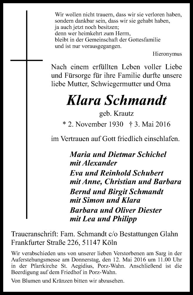  Traueranzeige für Klara Schmandt vom 11.05.2016 aus  Kölner Wochenspiegel 