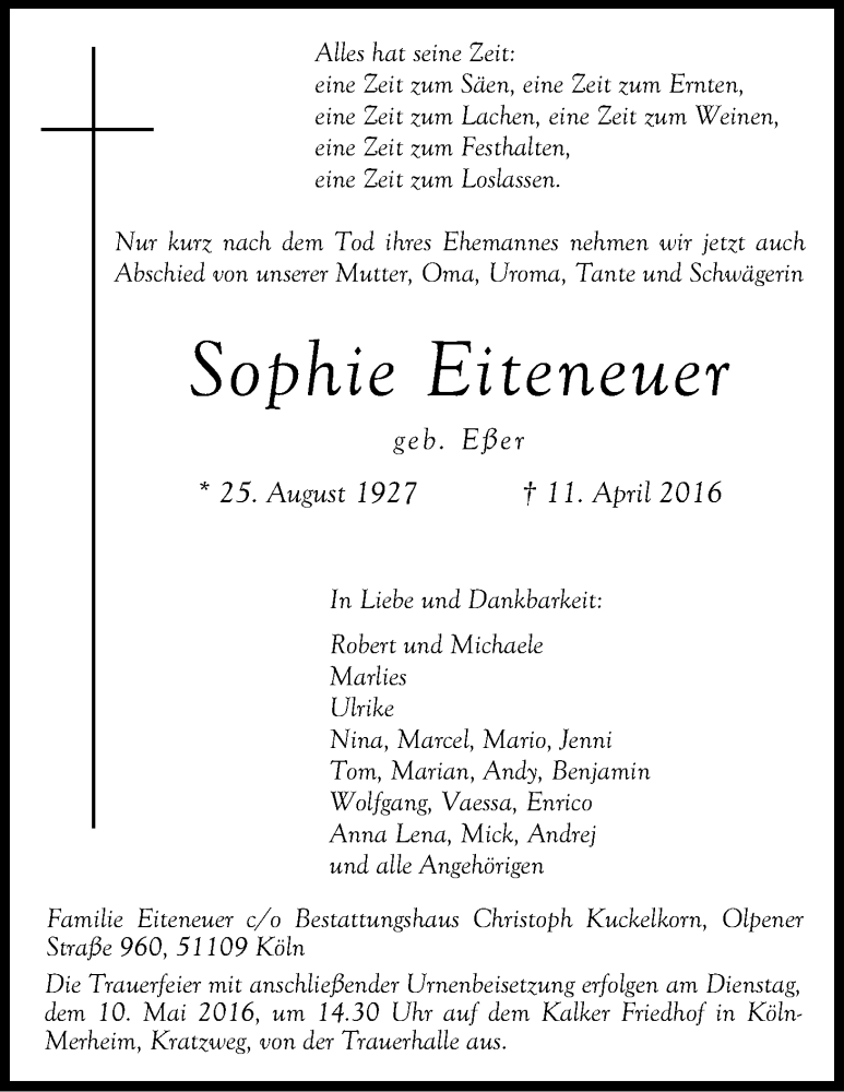  Traueranzeige für Sophie Eiteneuer vom 04.05.2016 aus Kölner Stadt-Anzeiger / Kölnische Rundschau / Express
