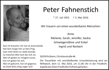 Anzeige von Peter Fahnenstich von  Sonntags-Post 
