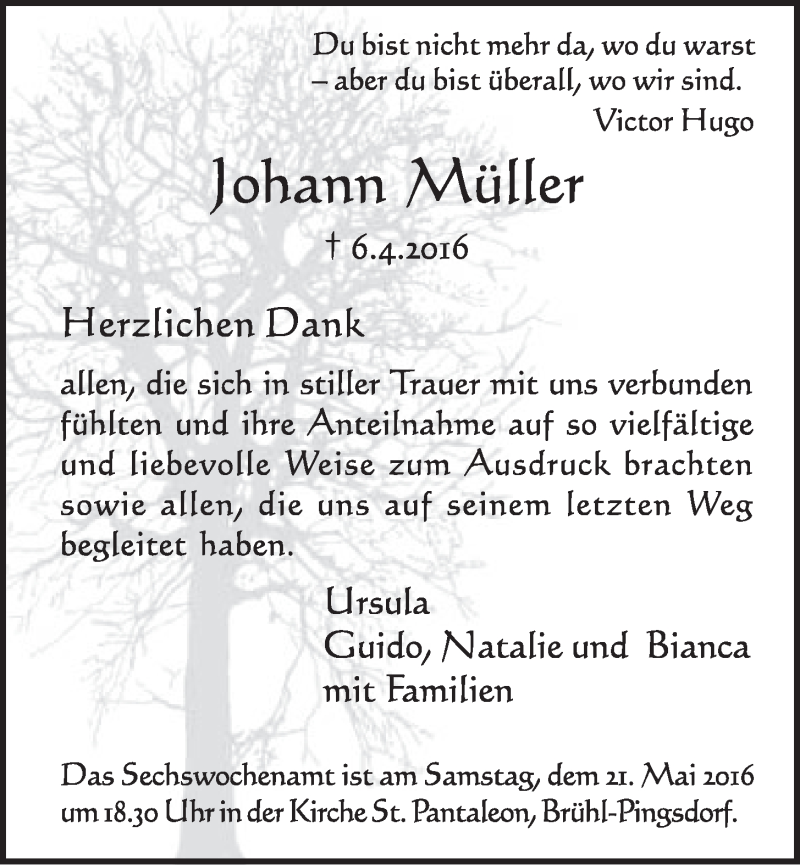  Traueranzeige für Johann Müller vom 04.05.2016 aus  Schlossbote/Werbekurier 