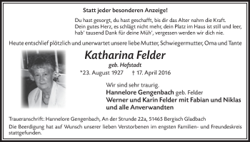 Anzeige von Katharina Felder von  Bergisches Handelsblatt 