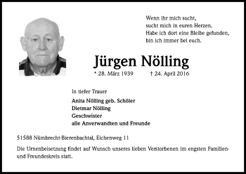 Anzeige von Jürgen Nölling von Kölner Stadt-Anzeiger / Kölnische Rundschau / Express