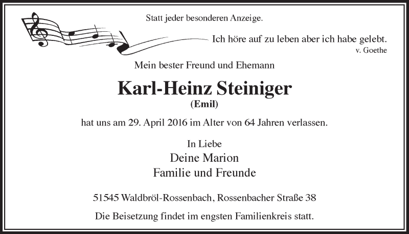  Traueranzeige für Karl-Heinz Steiniger vom 11.05.2016 aus  Lokalanzeiger 