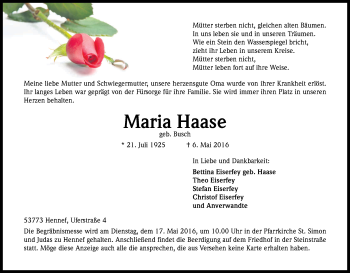 Anzeige von Maria Haase von Kölner Stadt-Anzeiger / Kölnische Rundschau / Express