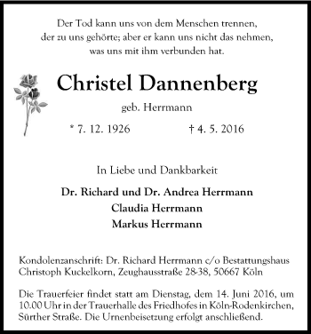 Anzeige von Christel Dannenberg von Kölner Stadt-Anzeiger / Kölnische Rundschau / Express