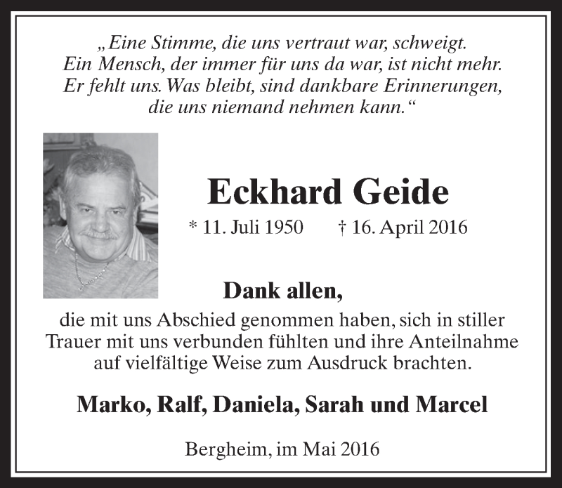  Traueranzeige für Eckhard Geide vom 11.05.2016 aus  Werbepost 