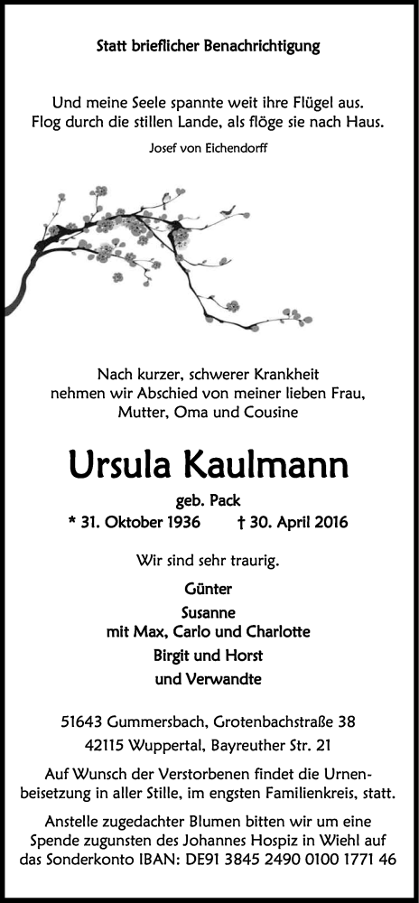  Traueranzeige für Ursula Kaulmann vom 07.05.2016 aus Kölner Stadt-Anzeiger / Kölnische Rundschau / Express