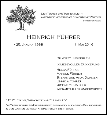 Anzeige von Heinrich Führer von Kölner Stadt-Anzeiger / Kölnische Rundschau / Express