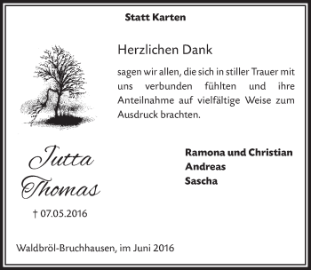 Anzeige von Jutta Thomas von  Lokalanzeiger 