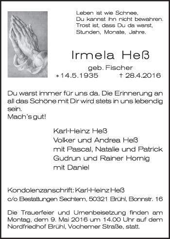 Anzeige von Irmela Heß von  Schlossbote/Werbekurier 