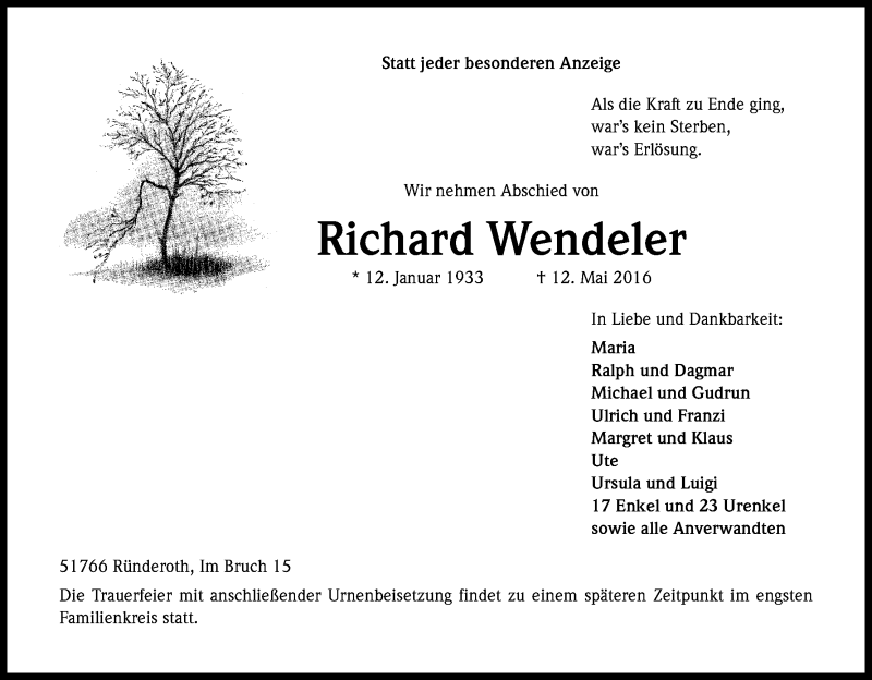  Traueranzeige für Richard Wendeler vom 14.05.2016 aus Kölner Stadt-Anzeiger / Kölnische Rundschau / Express