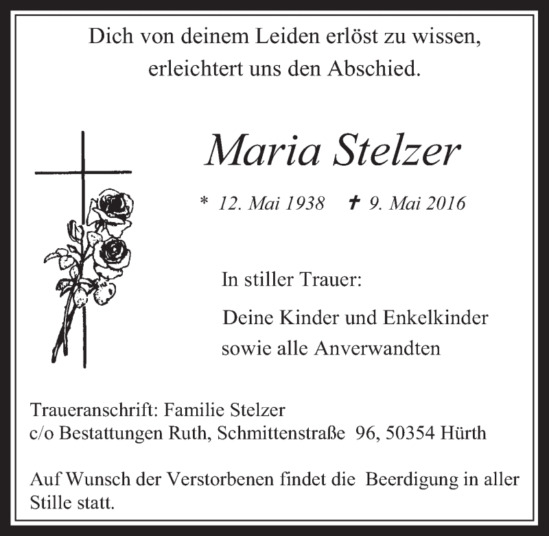  Traueranzeige für Maria Stelzer vom 18.05.2016 aus  Wochenende 
