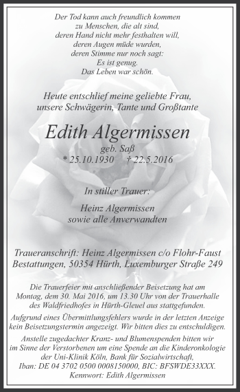 Anzeige von Edith Algermissen von  Wochenende 
