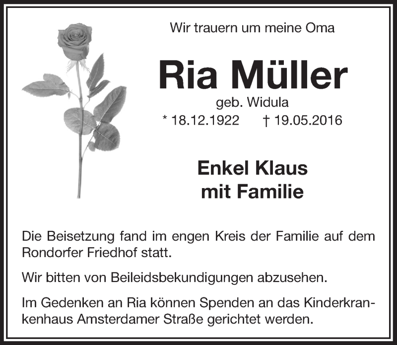  Traueranzeige für Ria Müller vom 01.06.2016 aus  Kölner Wochenspiegel 