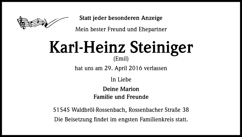  Traueranzeige für Karl-Heinz Steiniger vom 07.05.2016 aus Kölner Stadt-Anzeiger / Kölnische Rundschau / Express