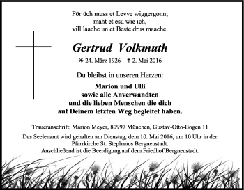 Anzeige von Gertrud Volkmuth von Kölner Stadt-Anzeiger / Kölnische Rundschau / Express