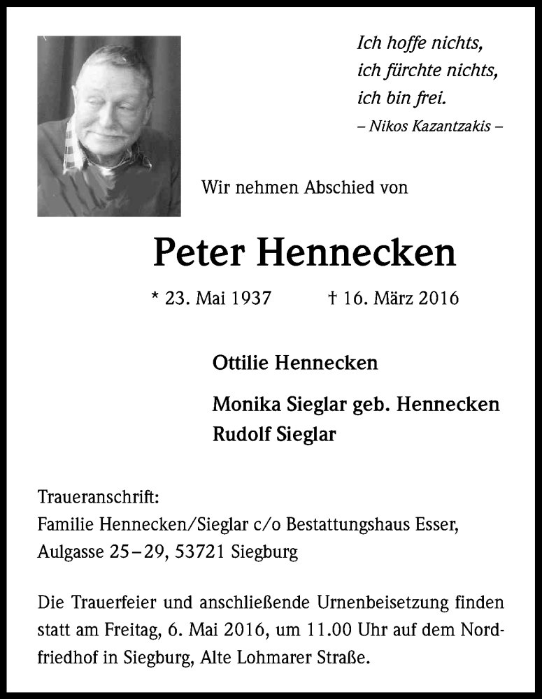  Traueranzeige für Peter Hennecken vom 30.04.2016 aus Kölner Stadt-Anzeiger / Kölnische Rundschau / Express