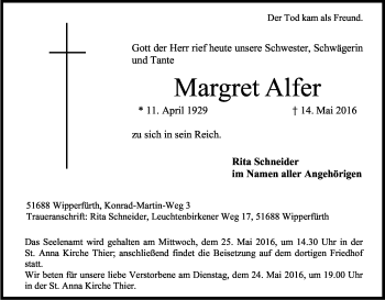 Anzeige von Margret Alfer von Kölner Stadt-Anzeiger / Kölnische Rundschau / Express
