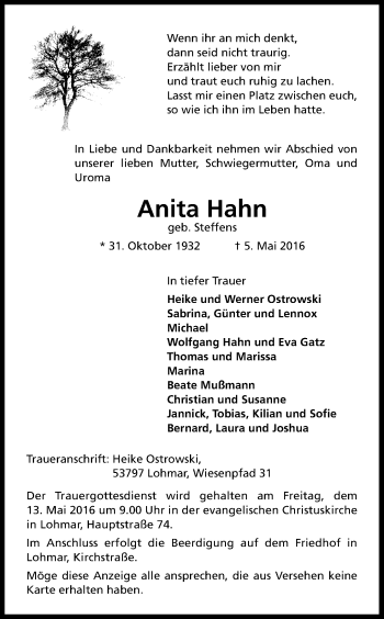 Anzeige von Anita Hahn von Kölner Stadt-Anzeiger / Kölnische Rundschau / Express