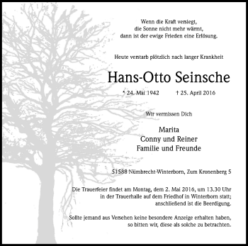 Anzeige von Hans-Otto Seinsche von Kölner Stadt-Anzeiger / Kölnische Rundschau / Express