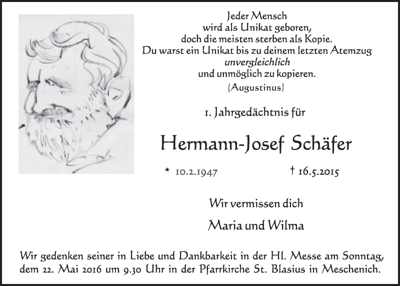  Traueranzeige für Hermann-Josef Schäfer vom 18.05.2016 aus  Schlossbote/Werbekurier 