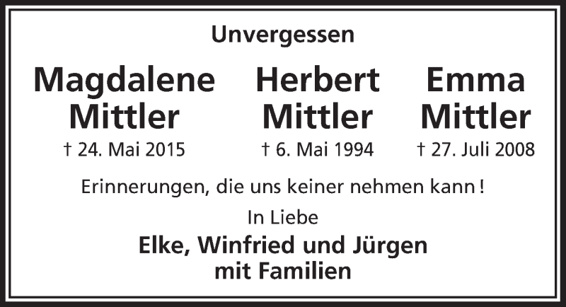  Traueranzeige für Magdalene Mittler vom 25.05.2016 aus  Lokalanzeiger 