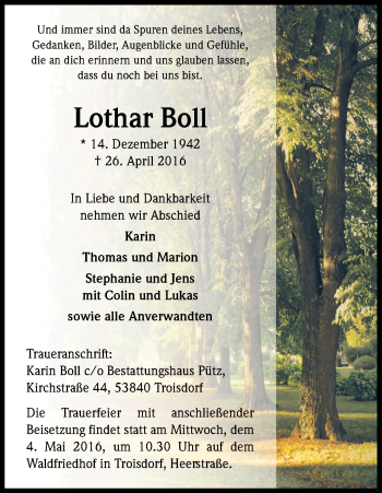 Anzeige von Lothar Boll von Kölner Stadt-Anzeiger / Kölnische Rundschau / Express
