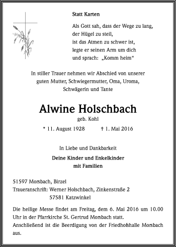 Anzeige von Alwine Holschbach von Kölner Stadt-Anzeiger / Kölnische Rundschau / Express