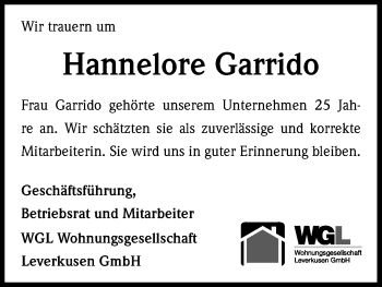 Anzeige von Hannelore Garrido von Kölner Stadt-Anzeiger / Kölnische Rundschau / Express