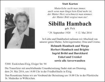 Anzeige von Sibilla Hambach von  Blickpunkt Euskirchen 
