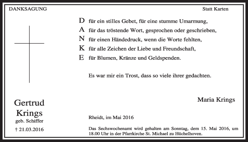  Traueranzeige für Gertrud Krings vom 07.05.2016 aus  Sonntags-Post 