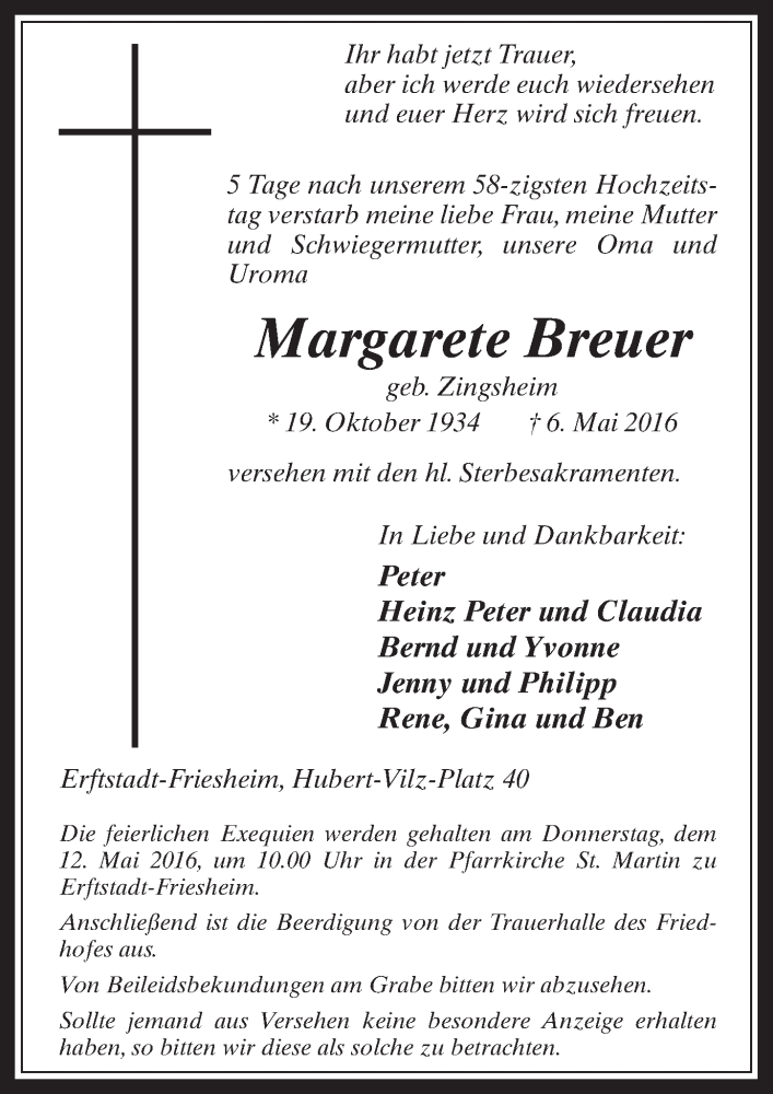  Traueranzeige für Margarete Breuer vom 11.05.2016 aus  Werbepost 