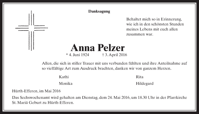  Traueranzeige für Anna Pelzer vom 04.05.2016 aus  Wochenende 