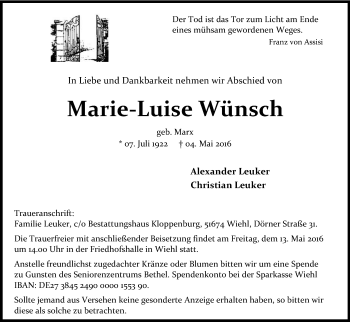 Anzeige von Marie-Luise Wünsch von Kölner Stadt-Anzeiger / Kölnische Rundschau / Express