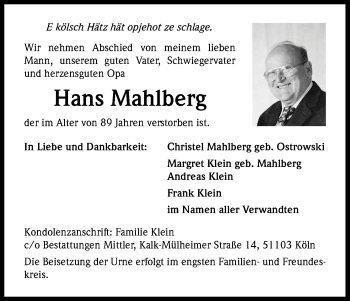 Anzeige von Hans Mahlberg von Kölner Stadt-Anzeiger / Kölnische Rundschau / Express