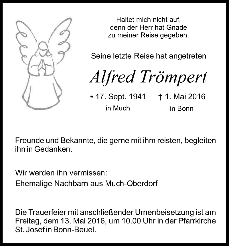  Traueranzeige für Alfred Trömpert vom 11.05.2016 aus Kölner Stadt-Anzeiger / Kölnische Rundschau / Express
