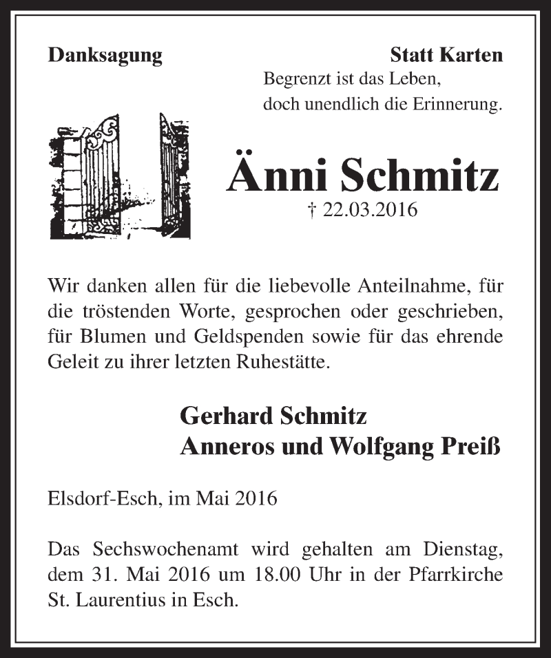  Traueranzeige für Änni Schmitz vom 25.05.2016 aus  Werbepost 