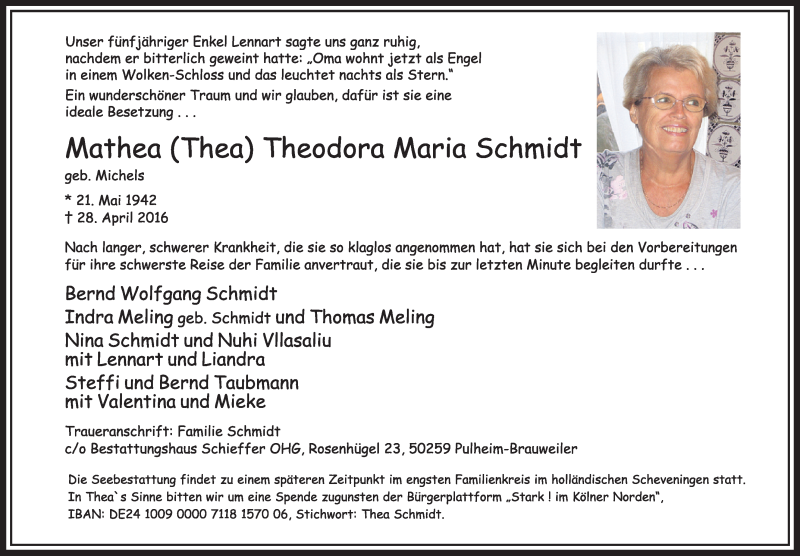  Traueranzeige für Mathea Theodora Maria Schmidt vom 21.05.2016 aus  Sonntags-Post 