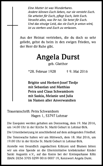Anzeige von Angela Durst von Kölner Stadt-Anzeiger / Kölnische Rundschau / Express