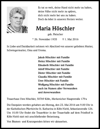 Anzeige von Maria Höschler von Kölner Stadt-Anzeiger / Kölnische Rundschau / Express