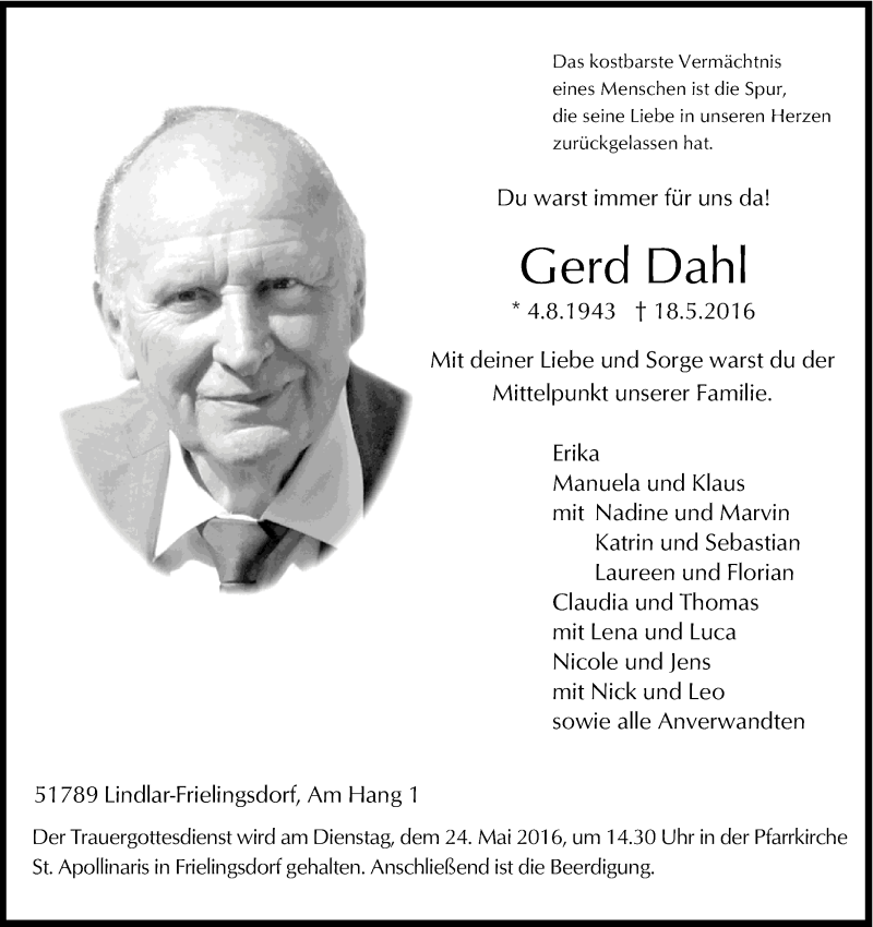  Traueranzeige für Gerd Dahl vom 21.05.2016 aus Kölner Stadt-Anzeiger / Kölnische Rundschau / Express