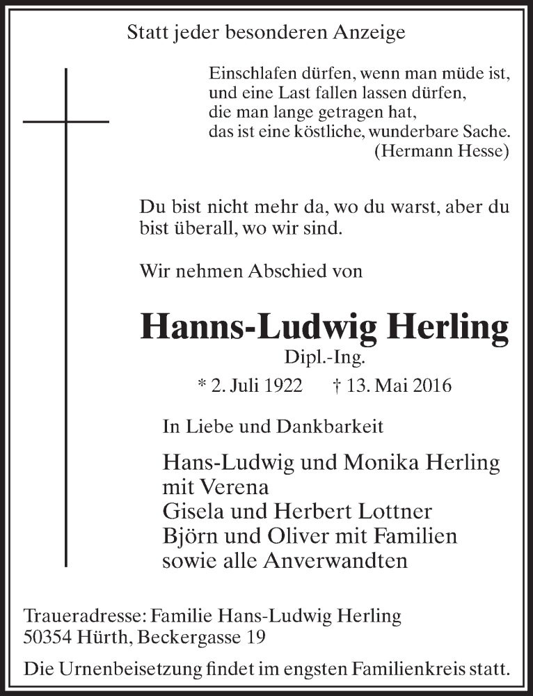  Traueranzeige für Hanns-Ludwig Herling vom 21.05.2016 aus  Sonntags-Post 