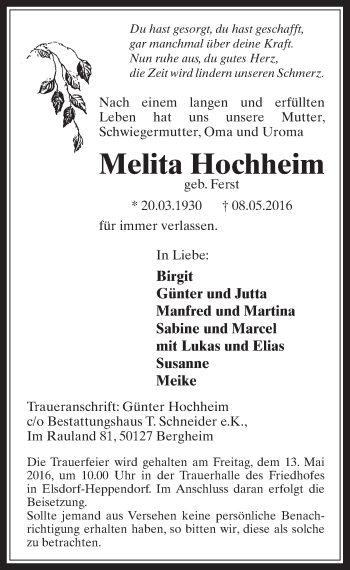 Anzeige von Melita Hochheim von  Werbepost 