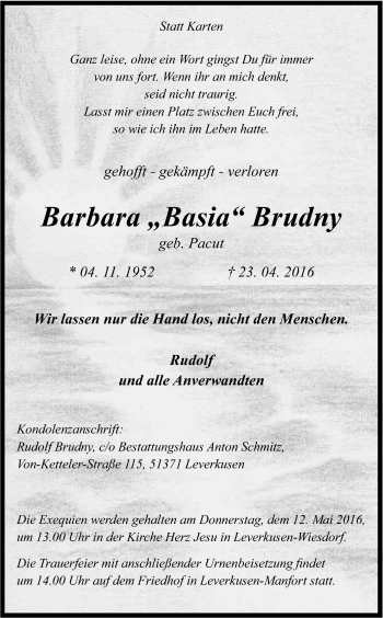 Anzeige von Barbara Brudny von Kölner Stadt-Anzeiger / Kölnische Rundschau / Express